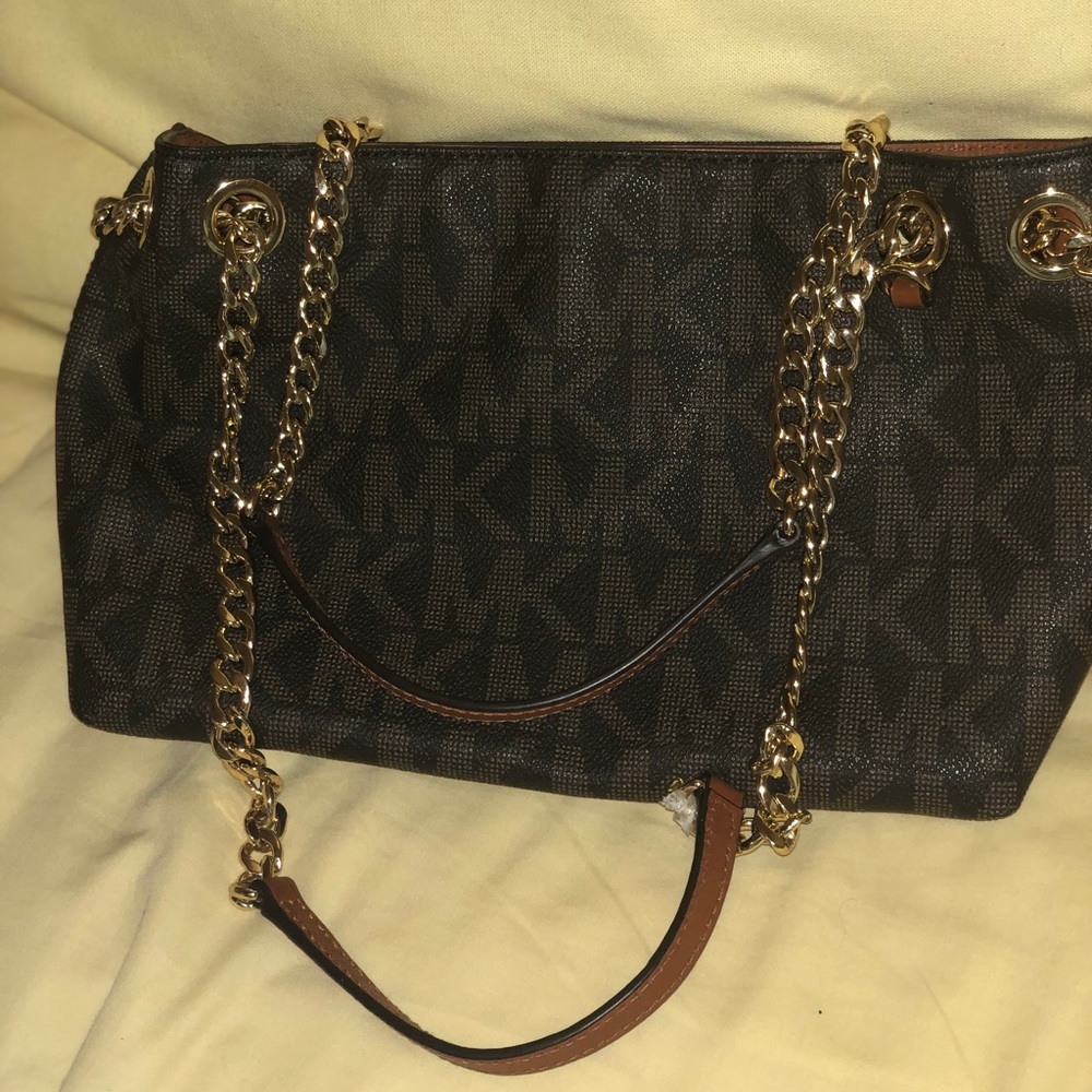 Michael kors small brown satchel with gold chain